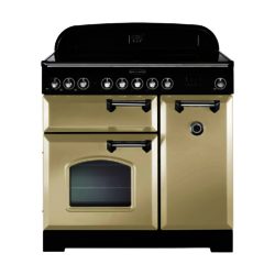 Rangemaster Classic Deluxe 90cm Electric Induction 90280 Range Cooker in Cream with Brass Trim and Induction Hob